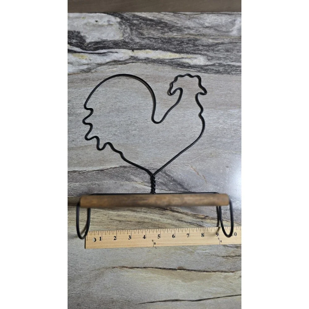 Country Rooster Metal Paper Towel Holder Black Wire Wood Farmhouse Kitchen